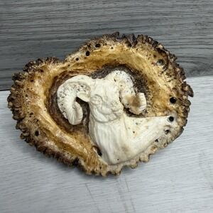 Belt Buckle Antler Burr Handmade Carved Bighorn Ram Head Western Artisan Signed